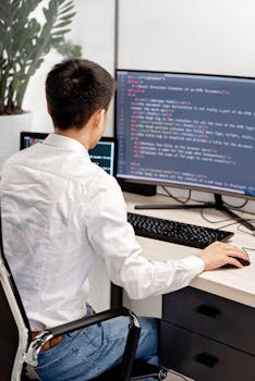 Back view of a programmer in a white shirt coding in an office workspace.